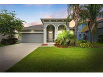 Charming single Gathering home with a well-manicured lawn and decorative palm trees at 13334 Palmera Vista Dr, Riverview, FL 33579
