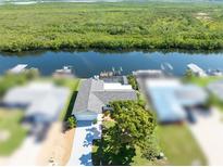 Stunning aerial view of waterfront home featuring a private dock, lush mangrove views and well-manicured landscaping at 909 Silver Palm Way, Apollo Beach, FL 33572