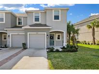 Charming two-story townhouse with a well-manicured lawn and beautiful landscaping at 34196 Polacca Ln, Wesley Chapel, FL 33543