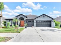 Charming one-story home with a well-manicured lawn, vibrant landscaping, and a spacious two-car garage at 10813 Rockledge View Dr., Riverview, FL 33579