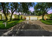Charming home featuring a well-manicured lawn, lush landscaping, and a spacious three-car garage at 2009 Raven Manor Dr, Dover, FL 33527