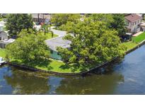 Aerial view of a quaint, green, waterfront home with lush trees and a tranquil river at 33 Cypress Dr, Palm Harbor, FL 34684