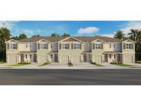 Exterior view of townhomes with garages, shutters, and landscaping under a blue sky at 2486 Riversong Lodge Ln, Wesley Chapel, FL 33543