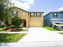 Two-story home featuring a two-car garage and well-manicured lawn at 9650 Sage Creek Dr, Ruskin, FL 33573