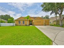 Charming home boasts lush lawn, mature trees, and a spacious three car garage at 12305 Freesia Ct, Riverview, FL 33569