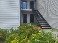 Condo exterior with stairs, showing doors and lush garden area at 5125 Puritan Cir # 1103, Tampa, FL 33617