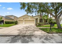 Inviting single-story home featuring a lush landscaped yard, mature trees and a two-car garage at 11810 Holly Creek Dr, Riverview, FL 33569