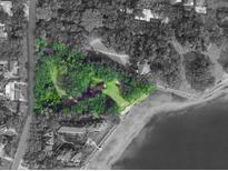 Overhead view of a secluded lot with mature trees, offering privacy and stunning bay access at 6210 Bayshore Blvd, Tampa, FL 33611