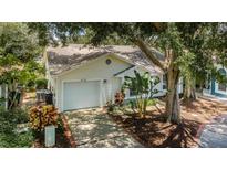 Charming single-story home with a one-car garage and a well-maintained, tree-lined yard and brick-lined driveway at 878 Franklin Cir, Palm Harbor, FL 34683