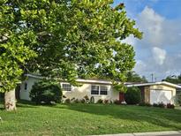 Charming single-story home with lush front lawn, mature landscaping, and a welcoming red front door at 1596 S Evergreen Ave, Clearwater, FL 33756