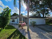 Single-story home with white exterior, landscaping, and driveway at 1638 Polo Club Dr, Tarpon Springs, FL 34689
