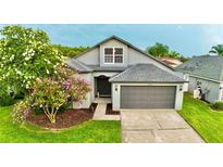 Charming single-Gathering home with lush landscaping, a well-maintained lawn, and an attached two-car garage at 19830 Ellendale Dr, Land O Lakes, FL 34638