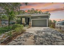 Charming single-story home featuring manicured landscaping, a gray exterior, and a spacious driveway at 131 Pennsylvania Ave, Palm Harbor, FL 34683