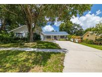 Single-story home with a spacious driveway and mature landscaping at 4936 Mineola Pl, Palm Harbor, FL 34684