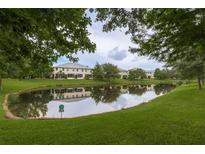 Community pond with a reflection of homes and trees at 485 Harbor Ridge Dr, Palm Harbor, FL 34683