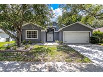 Gray house with white garage door and landscaping at 5204 New Brittany Ln, Zephyrhills, FL 33541