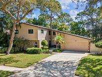 Charming two-story home with landscaped yard and a long driveway leading to the attached two-car garage at 3047 Enisglen Dr, Palm Harbor, FL 34683