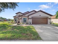 Single-story house with brown garage door and landscaping at 13931 Chandron Dr, Odessa, FL 33556