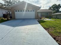 Charming single-story home with a well-manicured lawn and a long, painted driveway leading to an attached garage at 10521 Mira Vista Dr, Port Richey, FL 34668