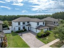 Stunning aerial view of a two-story home with a long driveway, lush lawn, and beautiful landscaping, backing onto a serene lake at 12135 Crestridge Loop, Trinity, FL 34655