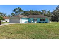 Charming light blue house with a spacious lawn and attached garage at 3018 Greynolds Ave, Spring Hill, FL 34608