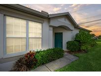Charming home featuring a vibrant teal front door, lush landscaping, and a welcoming entrance at 1931 Sassafras Dr, Wesley Chapel, FL 33543