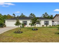 White single-story house with a green door, palm trees, and well-manicured lawn at 4380 Quintara St, Spring Hill, FL 34608