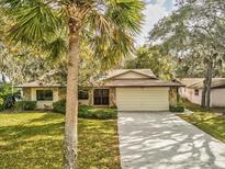 Single-story home with stone accents, attached garage, and palm trees in the front yard at 1928 Gulfview Dr, Holiday, FL 34691