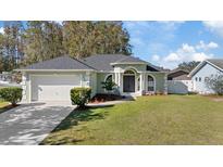 House exterior featuring a green facade, two-car garage, and landscaped lawn at 12739 Balsam Ave, Hudson, FL 34669