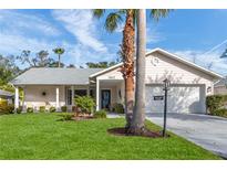 Single-story house with a palm tree, lush lawn, and a two-car garage at 2647 Royal Ridge Dr, Spring Hill, FL 34606