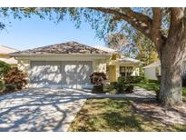 Charming single-story home with attached two-car garage, landscaped front yard, and mature shade tree at 14120 Whitecap Ave, Hudson, FL 34667