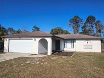 Charming one-story home featuring a neutral color scheme, attached two-car garage, and manicured lawn at 6141 Freeport Dr, Spring Hill, FL 34606