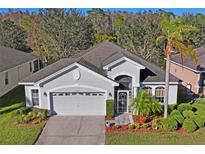 Charming single-story home with well-manicured landscaping, two-car garage, and inviting entryway at 11243 Merganser Way, New Port Richey, FL 34654