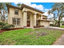 Stunning two-story home with elegant architectural detailing and a well-manicured lawn at 9617 Norchester Cir, Tampa, FL 33647