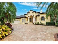 Mediterranean-style home features a spacious driveway and manicured landscaping with mature palm trees at 20200 Lace Cascade Rd, Land O Lakes, FL 34637