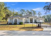 Beautiful single-story home featuring a black iron fence, well-manicured lawn, and a modern architectural design at 7482 Winter St, Brooksville, FL 34613