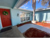 Charming home with a red front door, palm tree, and blue exterior paint at 1817 Dartmouth Dr, Holiday, FL 34691