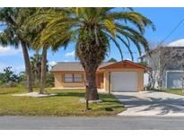 Charming tan home featuring an attached garage and a well-maintained front yard with mature palm trees at 3403 Holly Springs Dr, Hernando Beach, FL 34607