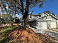 Charming two-story townhome featuring a well-maintained front yard, a red front door, and an attached one-car garage at 5231 Corvette Dr, Tampa, FL 33624