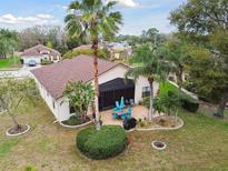 A relaxing screened lanai features a dining set and grill surrounded by palm trees and lush landscaping at 9336 Creekside Ct, Hudson, FL 34669