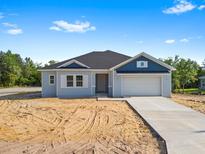 Charming single-story home featuring a two-car garage, light-blue paint and a neatly paved driveway on a sunny day at 10194 Littlefield Ln, Spring Hill, FL 34608