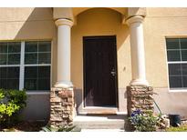 Inviting front entrance featuring a dark wood door, stone pillar bases, and a charming, covered entryway at 10936 Keys Gate Dr, Riverview, FL 33579