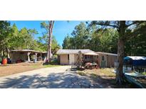Cozy single-story home featuring a stone chimney, covered picnic area, and rustic charm at 11617 Duda Rd, Hudson, FL 34667