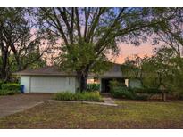 Charming home with a lush front yard, mature trees, and a two-car garage at sunset at 3255 Meadow View Ln, Palm Harbor, FL 34683