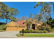 Charming single-story home with a well-manicured front yard, beautiful landscaping, and a two-car garage at 2806 Grey Oaks Blvd, Tarpon Springs, FL 34688