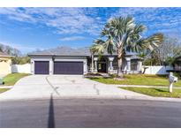 Charming gray home featuring a well manicured lawn, a three-car garage, and beautiful palm tree at 28752 Falling Leaves Way, Wesley Chapel, FL 33543