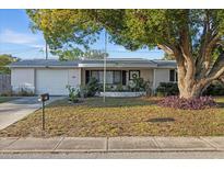 Charming single-story home featuring an attached garage and mature tree shading the front yard at 5039 Mecaslin Dr, New Port Richey, FL 34652