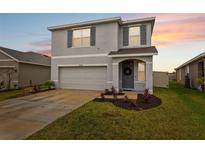 Charming two-story home featuring a well-manicured lawn, neutral paint, and attached two-car garage at 30845 Penny Surf Loop, Wesley Chapel, FL 33545
