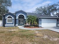 Charming blue single-story home featuring a two-car garage, arched entryway, and well-maintained landscaping at 6393 Pinehurst Dr, Spring Hill, FL 34606