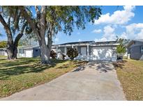 Charming single-story home with a well-manicured lawn, gray paint, white trim and an attached garage at 10841 Scenic Dr, Port Richey, FL 34668